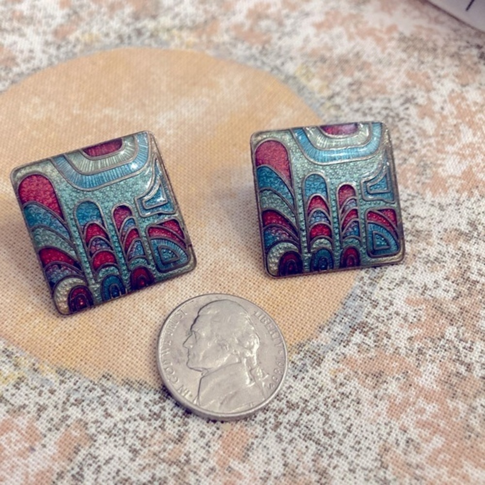 Cloisonné Earrings Vintage Square Mosaic Pattern - Silver, Blue, Red EUC